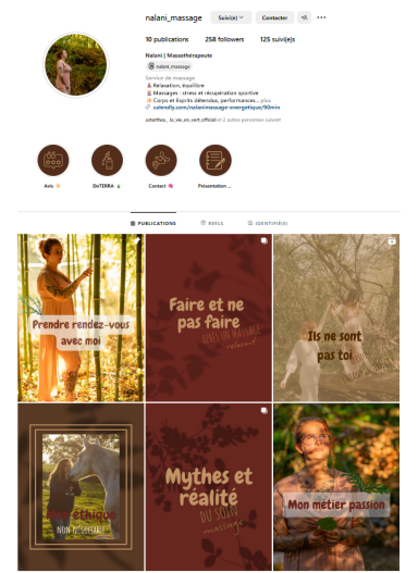 Le profil Instagram d'une masseuse appelée Nalani